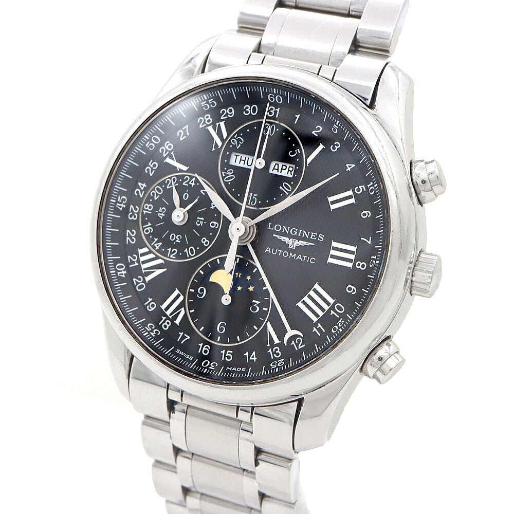 LONGINES ロンジン マスターコレクション クロノ ムーンフェイズ L2.673.4 クロノグラフ 30m防水 トリプルカレンダー 裏スケ 黒 ブラック SS ステンレス メンズ 自動巻き【6ヶ月保証】【腕時計】【中古】