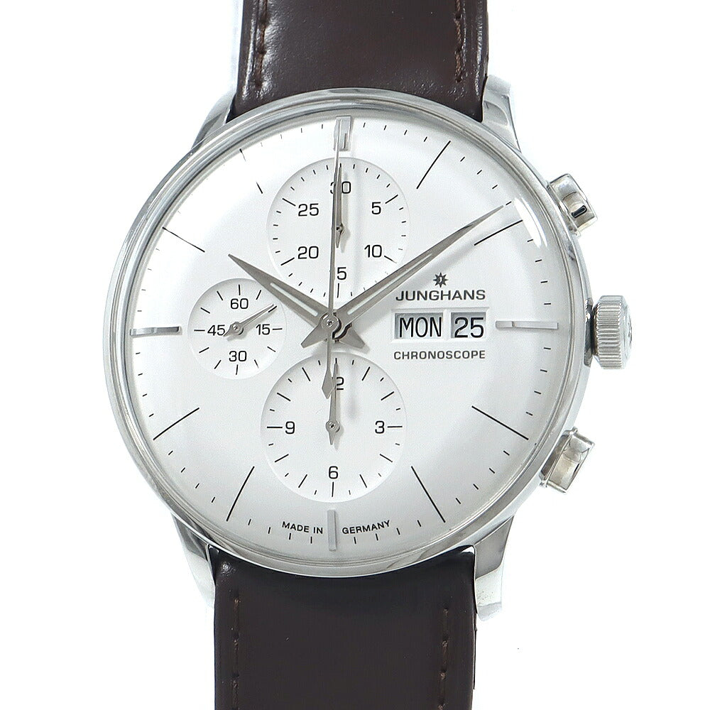 JUNGHANS ユンハンス マイスター クロノスコープ 027/4120.01 クロノグラフ デイデイト 裏スケ 30m防水 シルバー SS ステンレス 純正ベルト 純正尾錠 メンズ 自動巻き【6ヶ月保証】【腕時計】【中古】