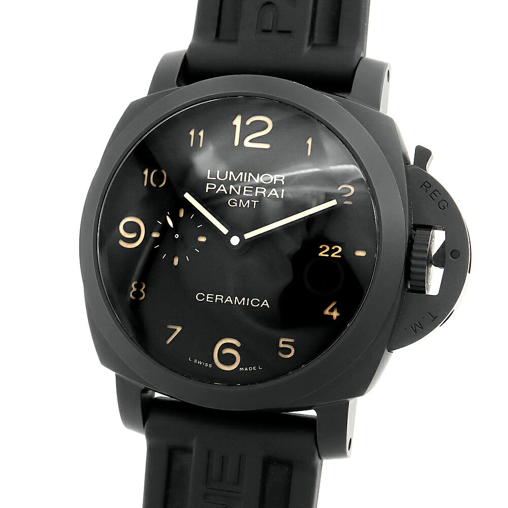 PANERAI パネライ ルミノール 1950 3デイズ GMT チェラミカ PAM00441 デイト スモールセコンド 100m防水 裏スケ 黒 ブラック CE セラミック Ti チタン 純正ベルト 純正尾錠 メンズ 自動巻き セラミカ【6ヶ月保証】【腕時計】【中古】