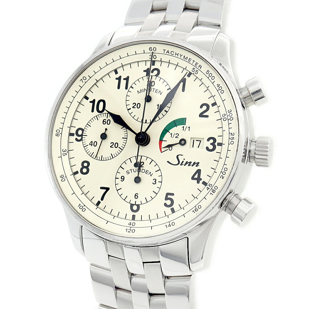 SINN ジン 956 クラシック 956.KLASSIK クロノグラフ 裏スケ スモールセコンド パワーリザーブ デイト タキメーター 100m防水 アイボリー SS ステンレス メンズ 自動巻き 【6ヶ月保証】【腕時計】【中古】