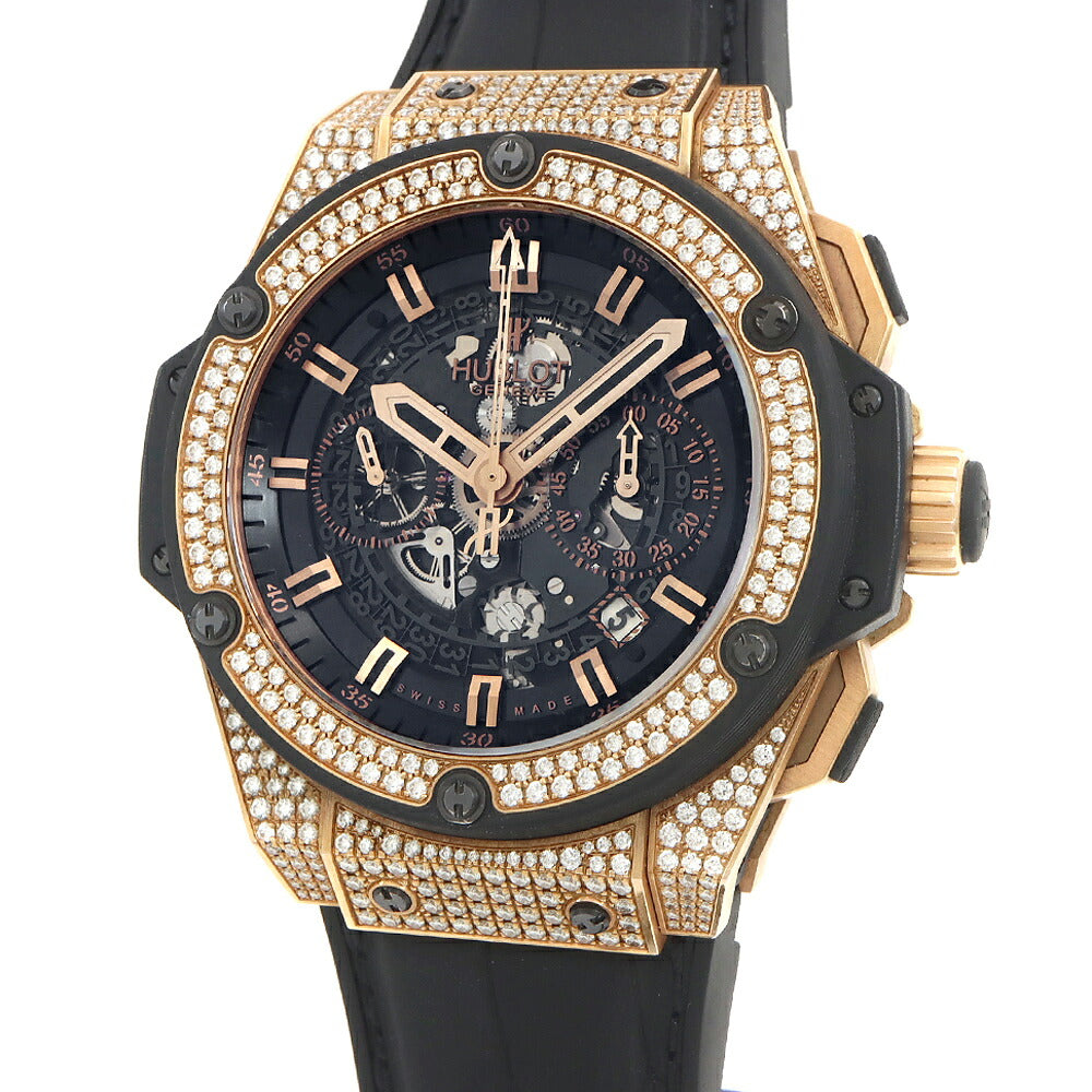 HUBLOT ウブロ キングパワー ウニコ キングゴールド パヴェ クロノグラフ 701.OX.0180.RX.1704 ダイヤモンド デイト 黒 ブラック スケルトン Ti チタン K18KG キングゴールド 純正ベルト 純正尾錠 メンズ 自動巻き【6ヶ月保証】【腕時計】【中古】