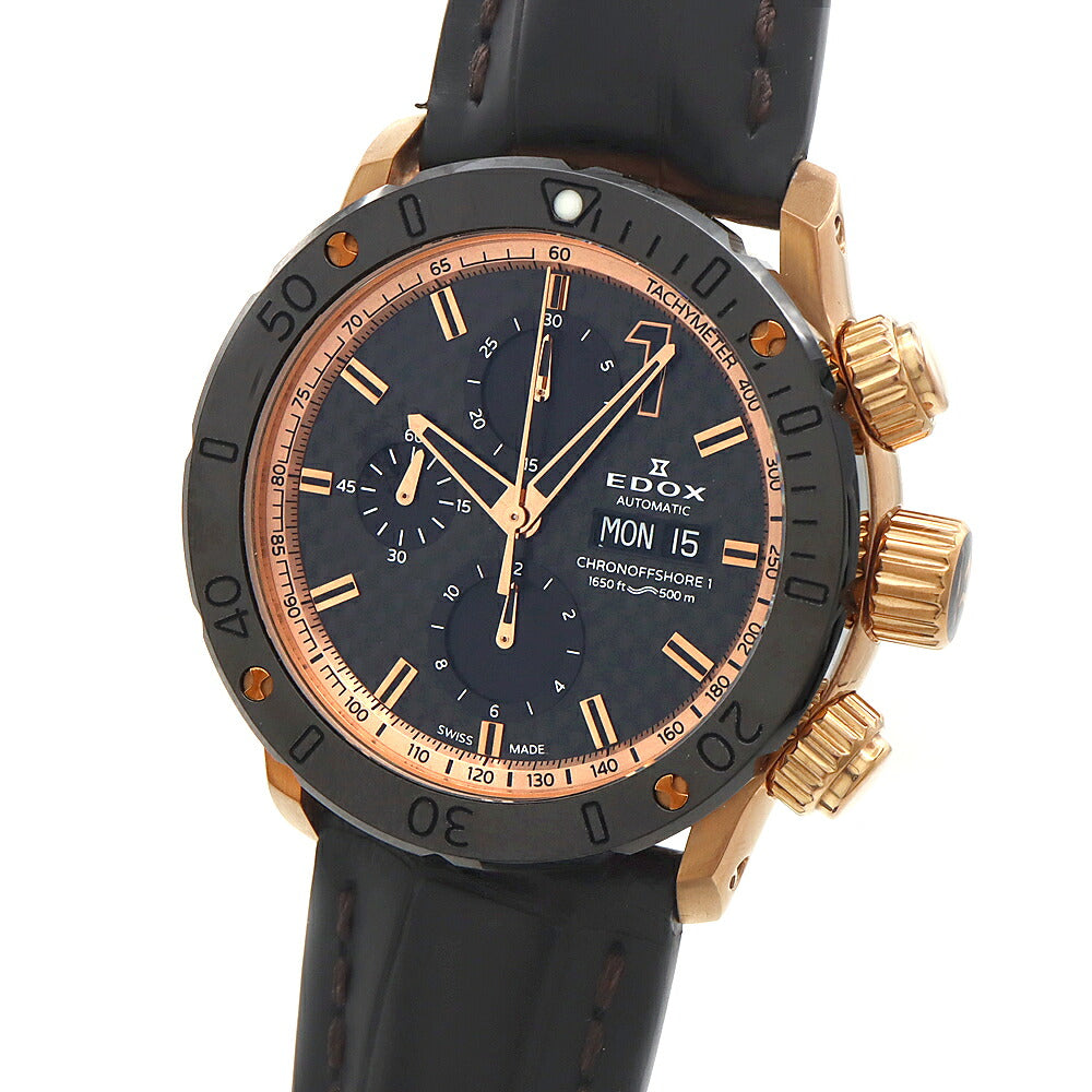 EDOX エドックス クロノオフショア1 クロノグラフ 01122 デイデイト 500m防水 スモールセコンド タキメーター 黒 ブラック カーボン SS ステンレス ゴールドPVD CE セラミック 純正尾錠 メンズ 自動巻き【6ヶ月保証】【腕時計】【中古】