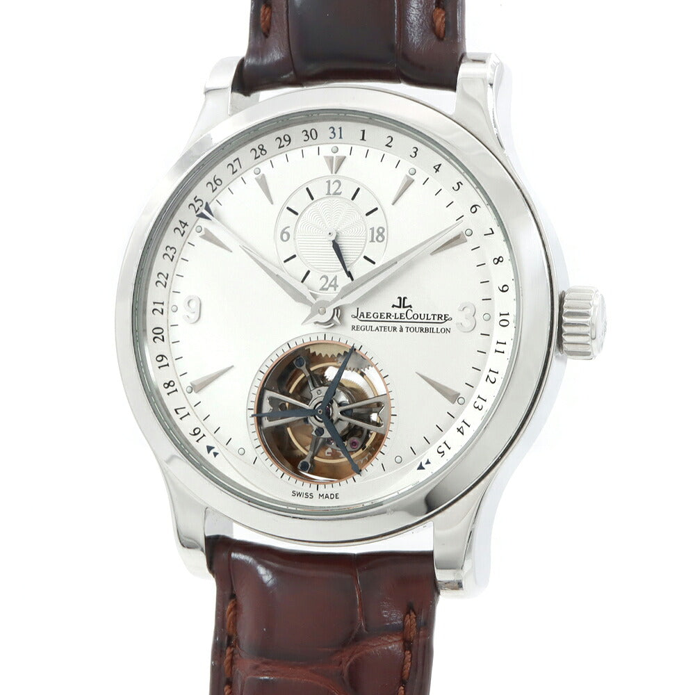 JAEGER-LECOULTRE ジャガールクルト マスター トゥールビヨン Q1658420 2タイム デイト 裏スケ 50m防水 シルバー SS ステンレス 純正ベルト 純正尾錠 メンズ 自動巻き【6ヶ月保証】【腕時計】【中古】
