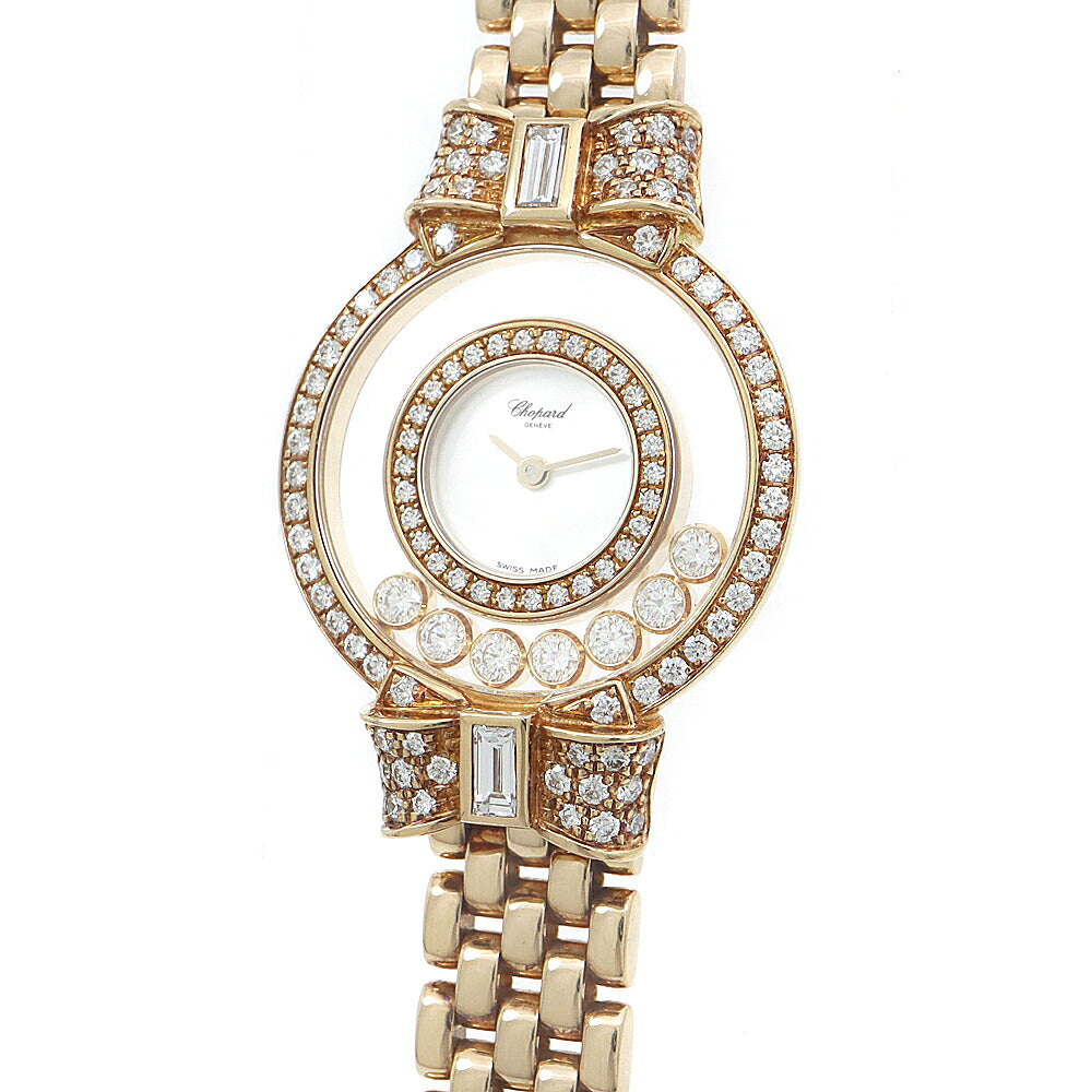 電池交換済 Chopard ショパール ハッピーダイヤモンド リボン 2重ダイヤベゼル 4097/1 純正ダイヤモンド 7Pムービングダイヤ 白 ホワイトシェル K18YG イエローゴールド 金無垢 レディース クォーツ【6ヶ月保証】【腕時計】【中古】