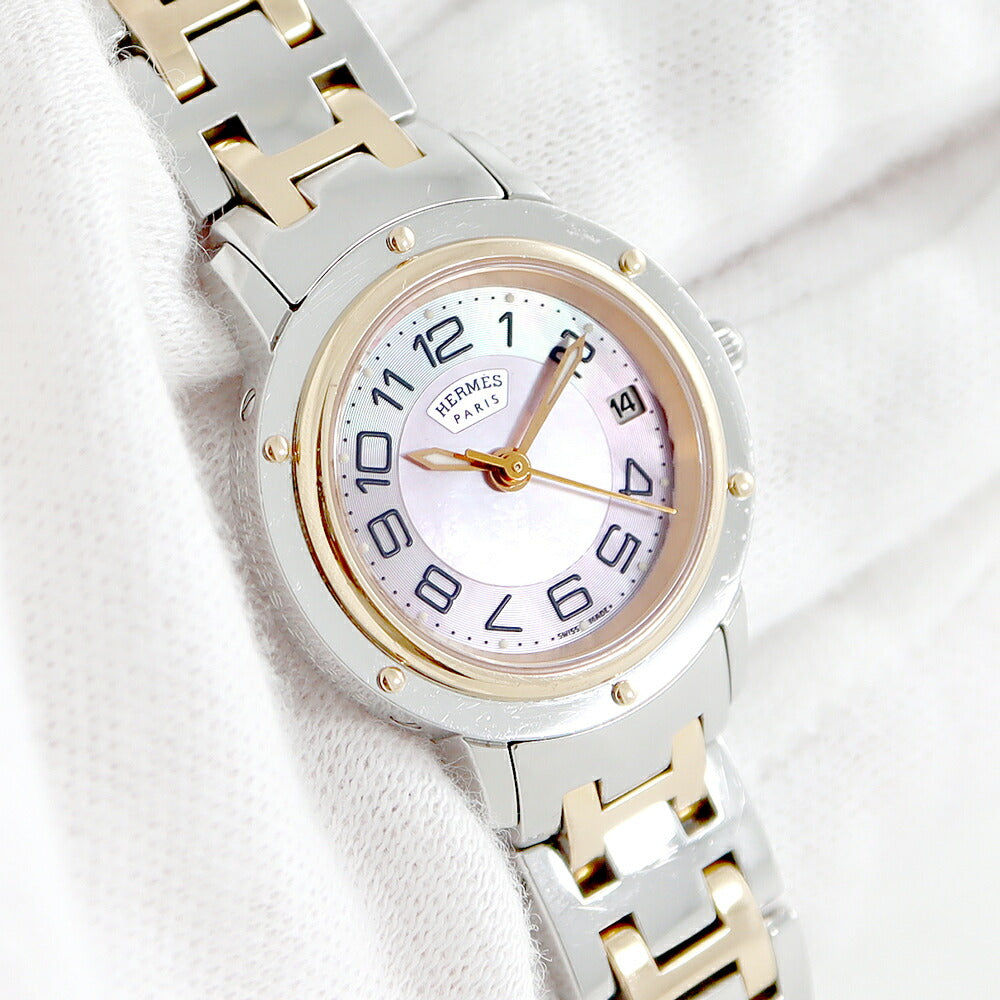 電池交換済 HERMES エルメス クリッパー CP1.221 ピンクシェル デイト PG ピンクゴールド SS ステンレス コンビ レディース クォーツ【6ヶ月保証】【腕時計】【中古】