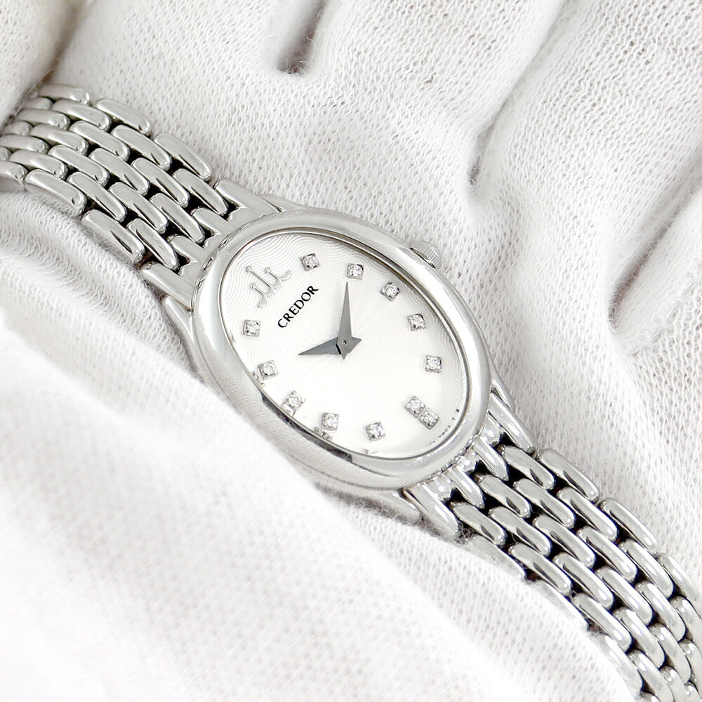 電池交換済 SEIKO セイコー クレドール シグノ 1E70-0BD0 純正ダイヤモンド 12Pダイヤ シルバー ギョーシェ SS ステンレス レディース クォーツ【6ヶ月保証】【腕時計】【中古】