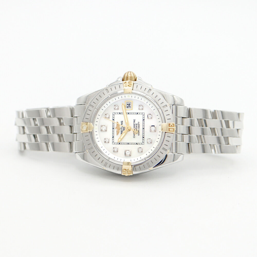 電池交換済 BREITLING ブライトリング コックピット レディ B71356 デイト 100m防水 純正ダイヤモンド 11Pダイヤ 白 ホワイト シェル YG イエローゴールド SS ステンレス コンビ クォーツ レディース【6ヶ月保証】【腕時計】【中古】