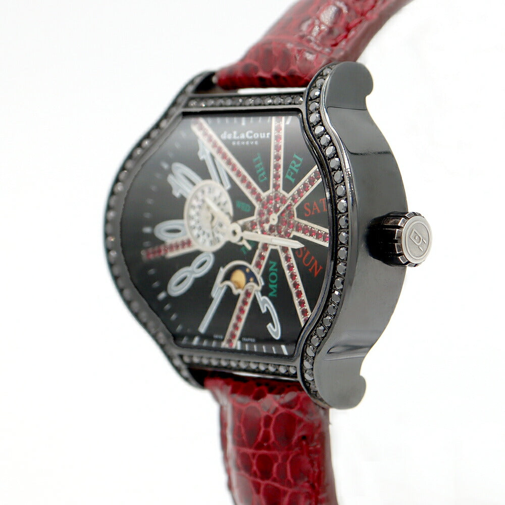 電池交換済 deLaCour ドゥラクール シティ ミディアム ムーンフェイズ デイデイト 純正ダイヤモンド ブラックダイヤベゼル シェル 黒 ブラック メンズ クォーツ 【6ヶ月保証】【中古】【腕時計】
