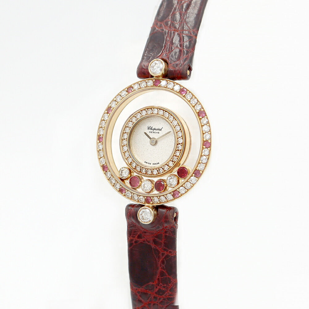 電池交換済 Chopard ショパール ハッピーダイヤモンド 20/3957-21 ムービング6P 純正ダイヤモンド 純正ルビー 2重ダイヤベゼル シルバー K18YG イエローゴールド 金無垢 純正尾錠 レディース クォーツ【6ヶ月保証】【腕時計】【中古】