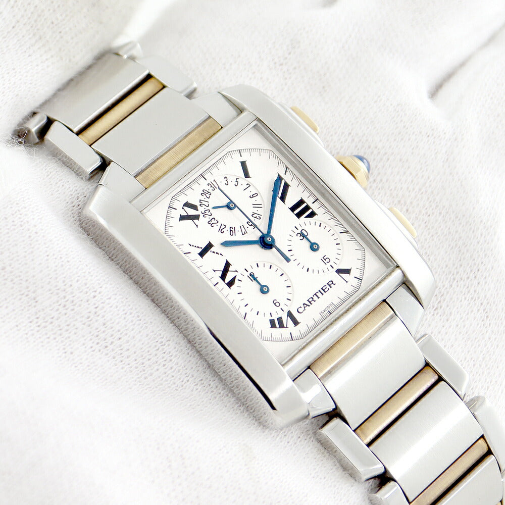 電池交換済 Cartier カルティエ タンクフランセーズ LM クロノリフレックス 永久カレンダー W51004Q4 デイト 白 アイボリー SS ステンレス K18YG イエローゴールド コンビ メンズ クォーツ 【6ヶ月保証】【腕時計】【中古】
