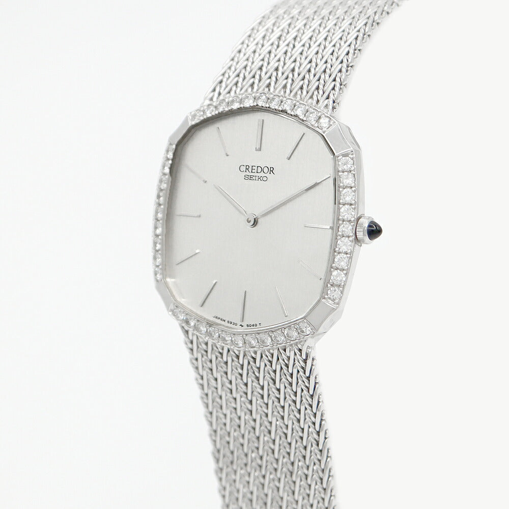 電池交換済 SEIKO セイコー CREDOR クレドール 5930-5590 純正ダイヤモンド ダイヤベゼル シルバー K18WG ホワイトゴールド 金無垢 メンズ ボーイズ クォーツ【6ヶ月保証】【腕時計】【中古】