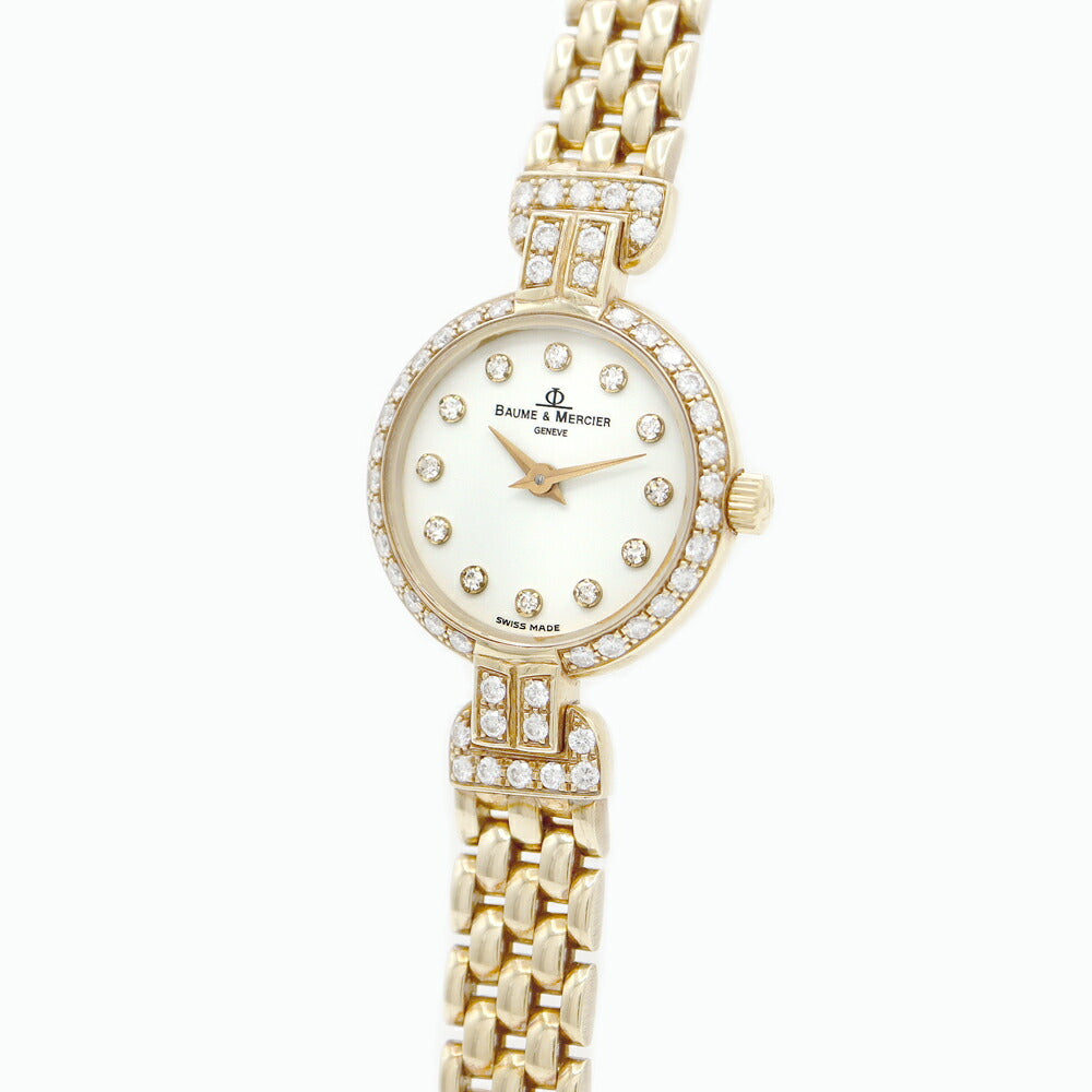 電池交換済 BAUME&MERCIER ボーム&メルシェ MV045011 純正ダイヤモンド 12Pダイヤ ダイヤベゼル ラグダイヤ 白 ホワイト K18YG イエローゴールド 金無垢 レディース クォーツ 【6ヶ月保証】【腕時計】【中古】