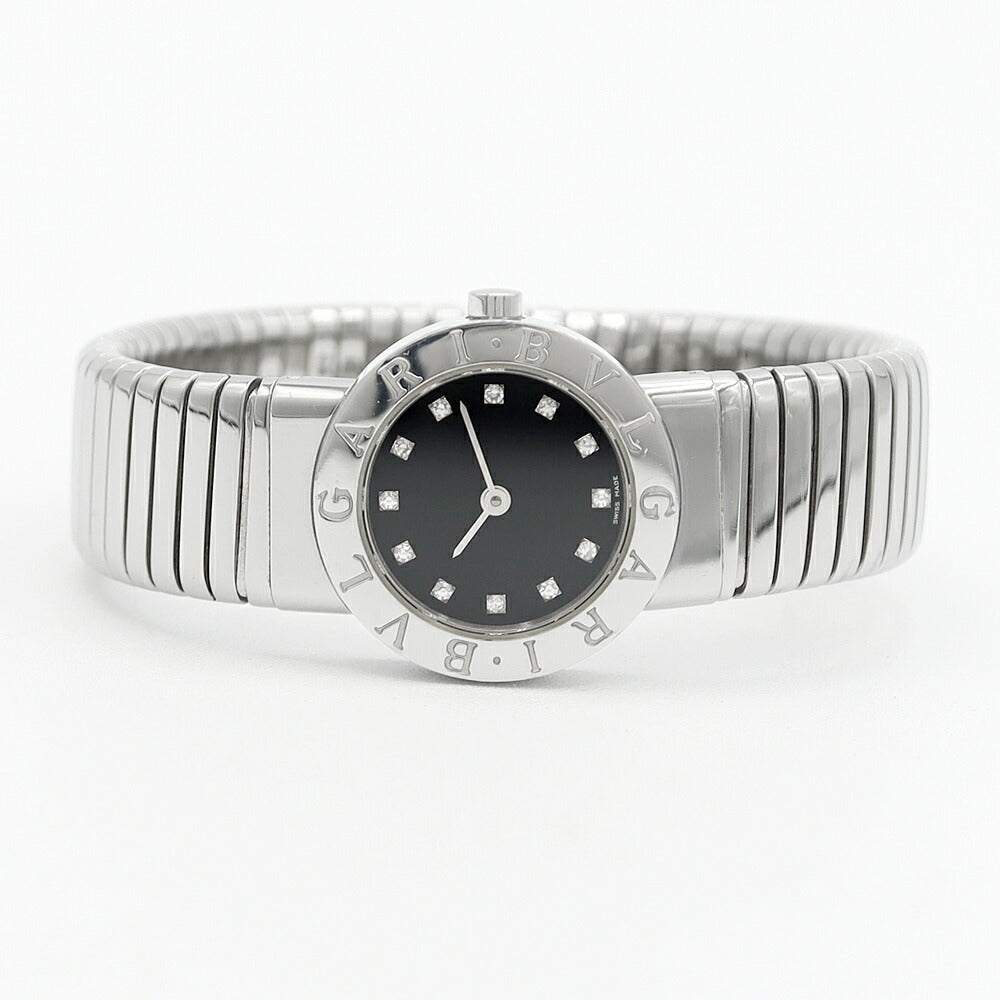 電池交換済 BVLGARI ブルガリ ブルガリブルガリ トゥボガス BB232TS 黒 ブラック 純正ダイヤモンド 12Pダイヤ SS ステンレス レディース クォーツ バングル 【6ヶ月保証】【腕時計】【中古】
