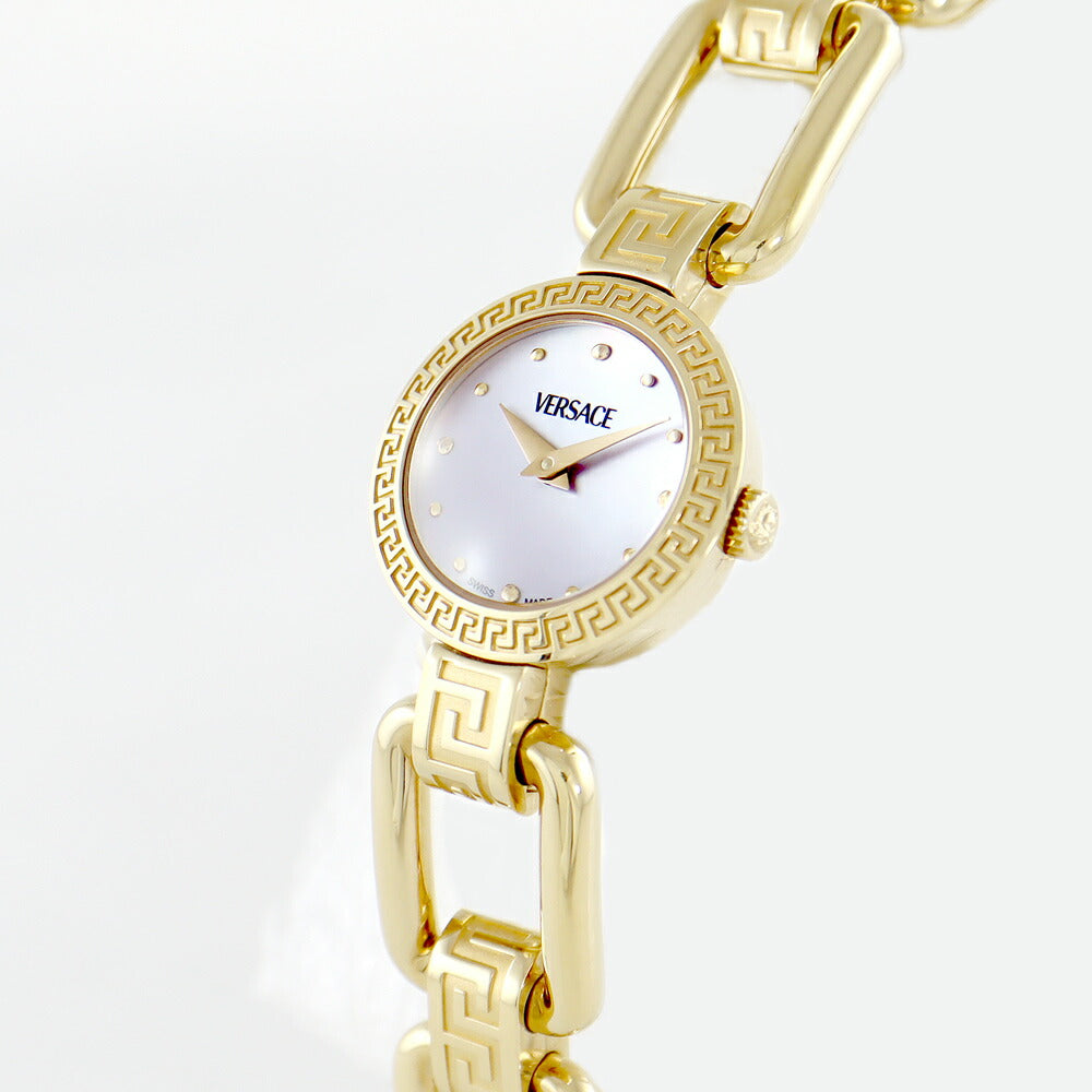 電池交換済 VERSACE ヴェルサーチ DSQ90 メデューサ チェーン 30m防水 白 ホワイトシェル YGP イエローゴールド レディース メンズ ユニセックス クォーツ ヴェルサーチェ【6ヶ月保証】【腕時計】【中古】