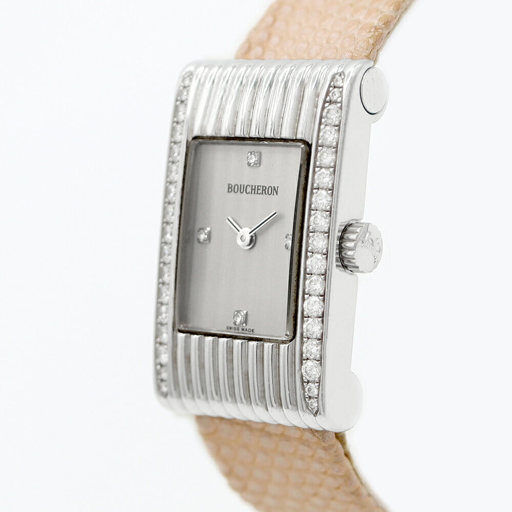 電池交換済 BOUCHERON ブシュロン リフレ ダイヤべゼル 4Pダイヤモンド シルバー SS ステンレス 純正ベルト レディース クォーツ【6ヶ月保証】【腕時計】【中古】