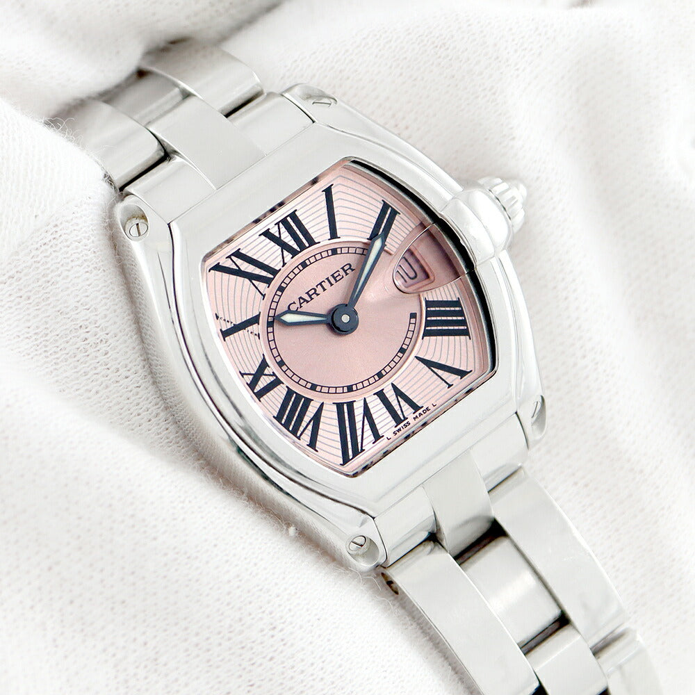 電池交換済 Cartier カルティエ ロードスター SM W62017V3 2675 デイト 100m防水 ピンク SS ステンレス レディース クォーツ【6ヶ月保証】【腕時計】【中古】