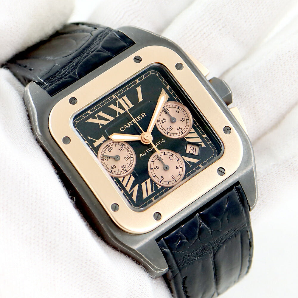 内部点検済 Cartier カルティエ サントス100 XL LM W2020004 カーボン クロノグラフ デイト 黒 ブラック ピンクゴールド K18PG SS ステンレス チタン コンビ 純正尾錠 メンズ 自動巻き【6ヶ月保証】【腕時計】【中古】