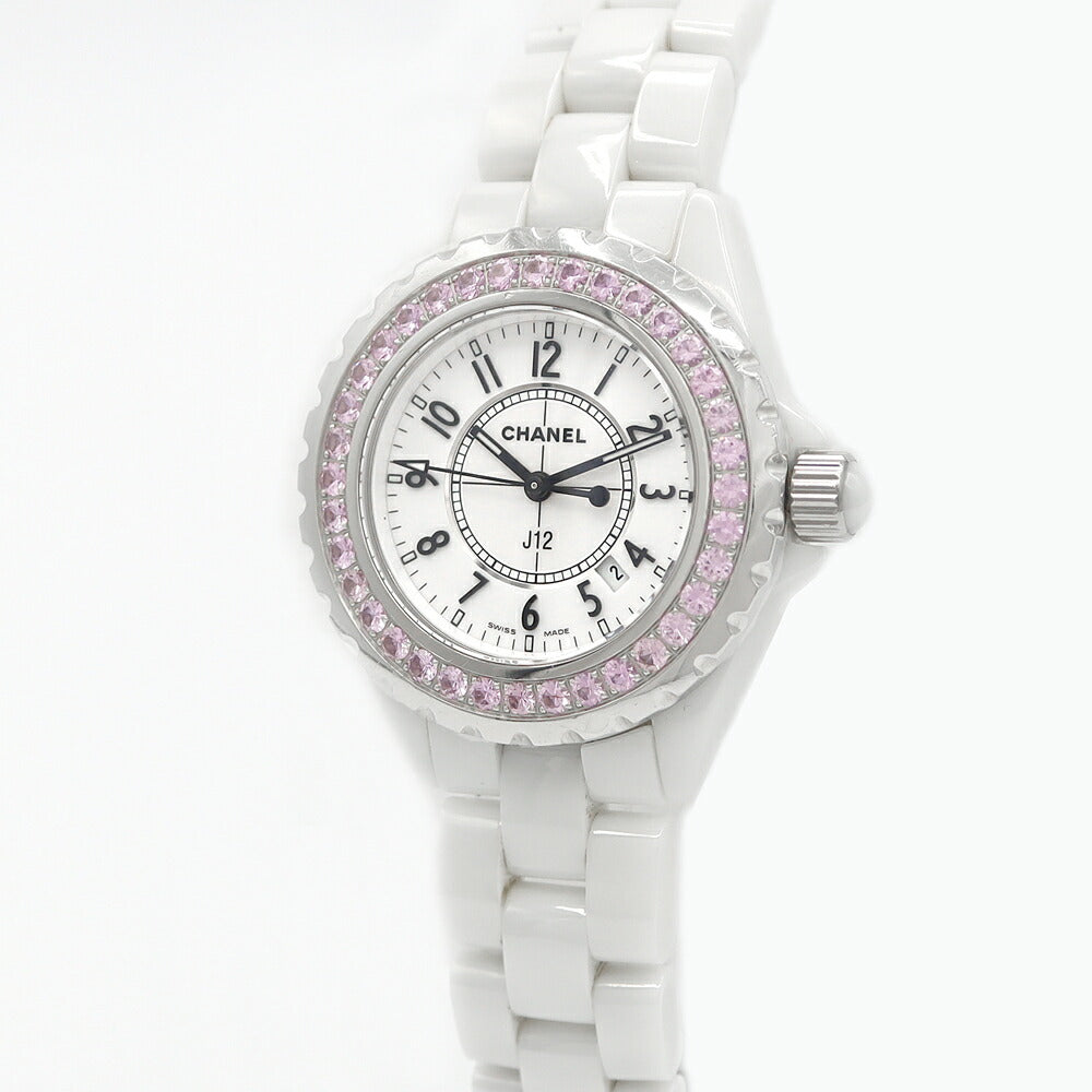 電池交換済 CHANEL シャネル J12 33mm H1181 純正ピンクサファイヤベゼル デイト 白 ホワイト SS ステンレス CE セラミック レディース クォーツ【6ヶ月保証】【腕時計】【中古】