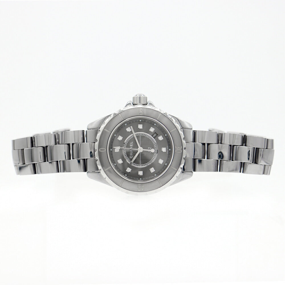 電池交換済 CHANEL シャネル J12 クロマティック 33mm H3241 デイト 純正ダイヤモンド 12Pダイヤ グレー チタン セラミック レディース クォーツ【6ヶ月保証】【腕時計】【中古】