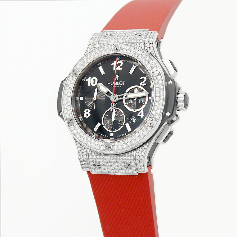 内部点検済 HUBLOT ウブロ ビッグバン スチール パヴェ 純正ダイヤモンド 44mm クロノグラフ 301.SX.130.RX.174 デイト 黒 ブラック SS ステンレス 純正ベルト 純正尾錠 メンズ 自動巻き ビックバン【6ヶ月保証】【腕時計】【中古】