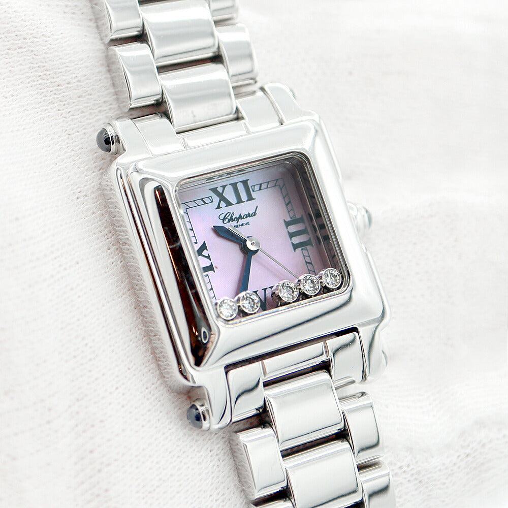 電池交換済 Chopard ショパール ハッピースポーツ 27/8893-23 純正ダイヤモンド ムービング5Pダイヤ スクエア ピンク シェル SS ステンレス レディース クォーツ【6ヶ月保証】【腕時計】【中古】