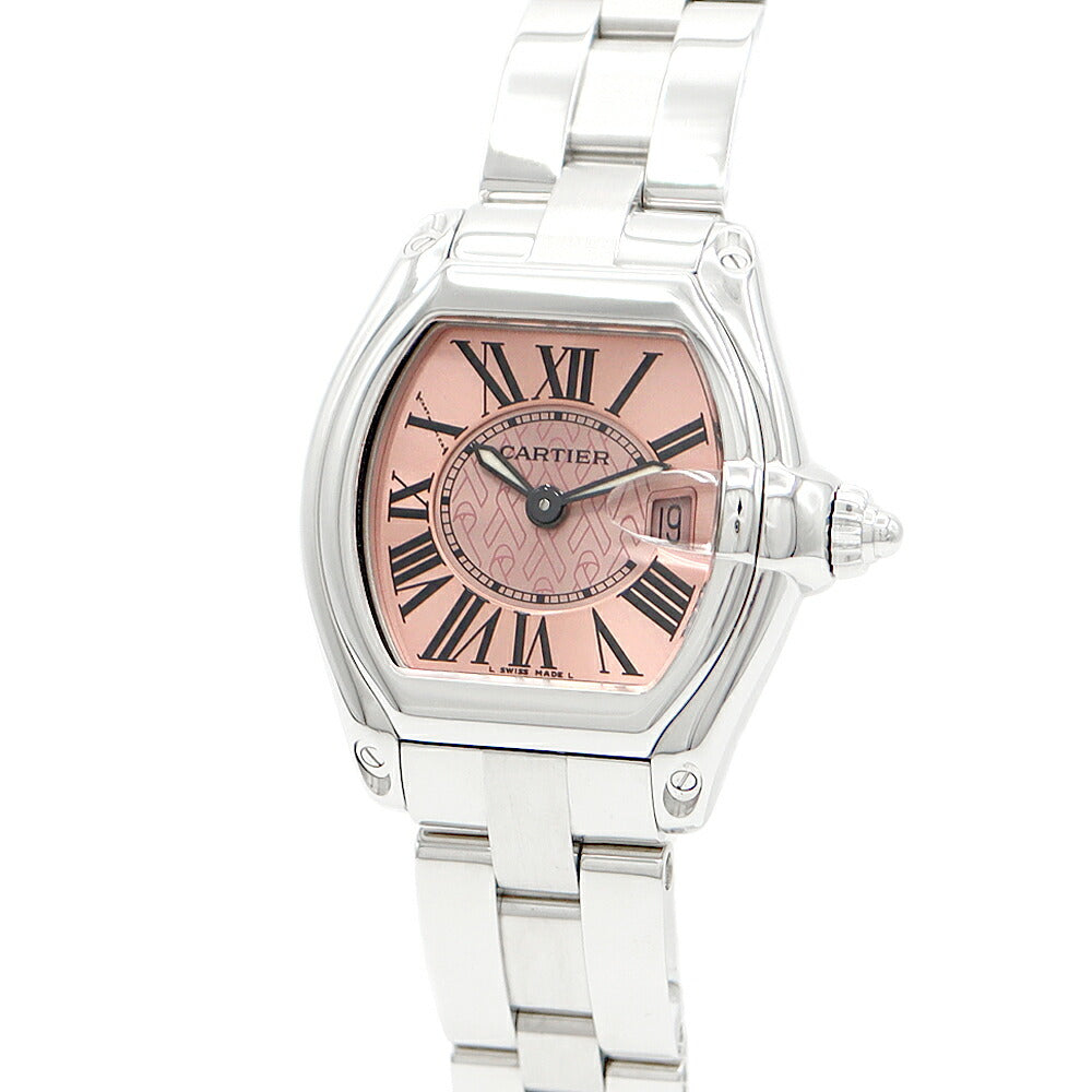 希少品 電池交換済 Cartier カルティエ ロードスター SM ピンクリボン 限定品 W62043V3 デイト 100m防水 ピンク SS ステンレス レディース クォーツ【6ヶ月保証】【腕時計】【中古】