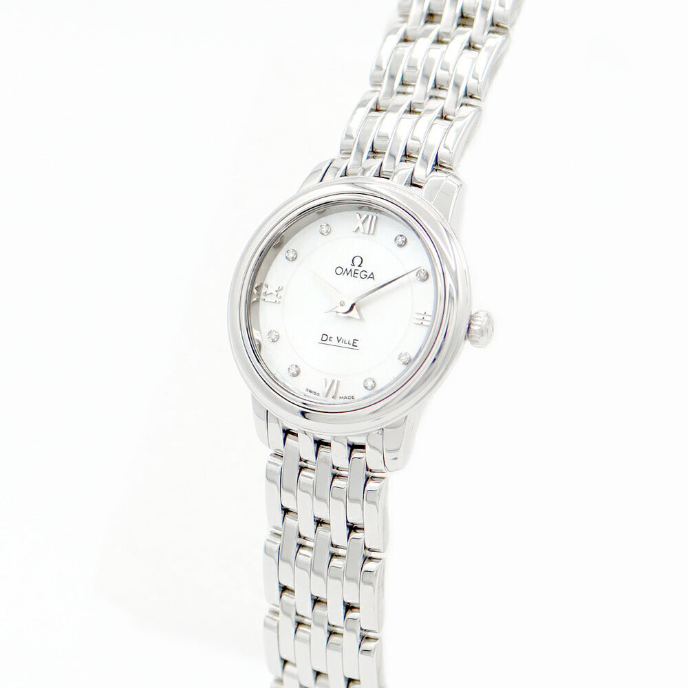 電池交換済 OMEGA オメガ DeVille デビル プレステージ 424.10.24.60.55 純正ダイヤモンド 8Pダイヤ 白 ホワイトシェル SS ステンレス レディース クォーツ デヴィル【6ヶ月保証】【腕時計】【中古】
