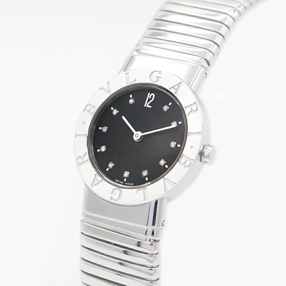 電池交換済 BVLGARI ブルガリ ブルガリブルガリ トゥボガス BB262TS 純正ダイヤモンド 11Pダイヤ 黒 ブラック SS ステンレス レディース クォーツ【6ヶ月保証】【腕時計】【中古】