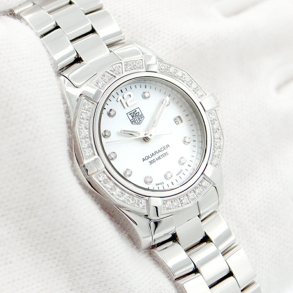 電池交換済 TAG Heuer タグホイヤー アクアレーサー WAF1416 BA0813 純正ダイヤベゼル 300m防水 10Pダイヤモンド ホワイトシェル SS ステンレス レディース クォーツ【6ヶ月保証】【腕時計】【中古】
