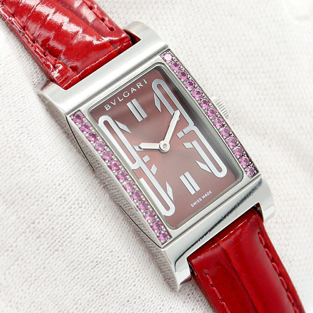 電池交換済 BVLGARI ブルガリ レッタンゴロ RT39S ロードライトガーネットベゼル ワインレッド SS ステンレス レディース クォーツ【6ヶ月保証】【腕時計】【中古】