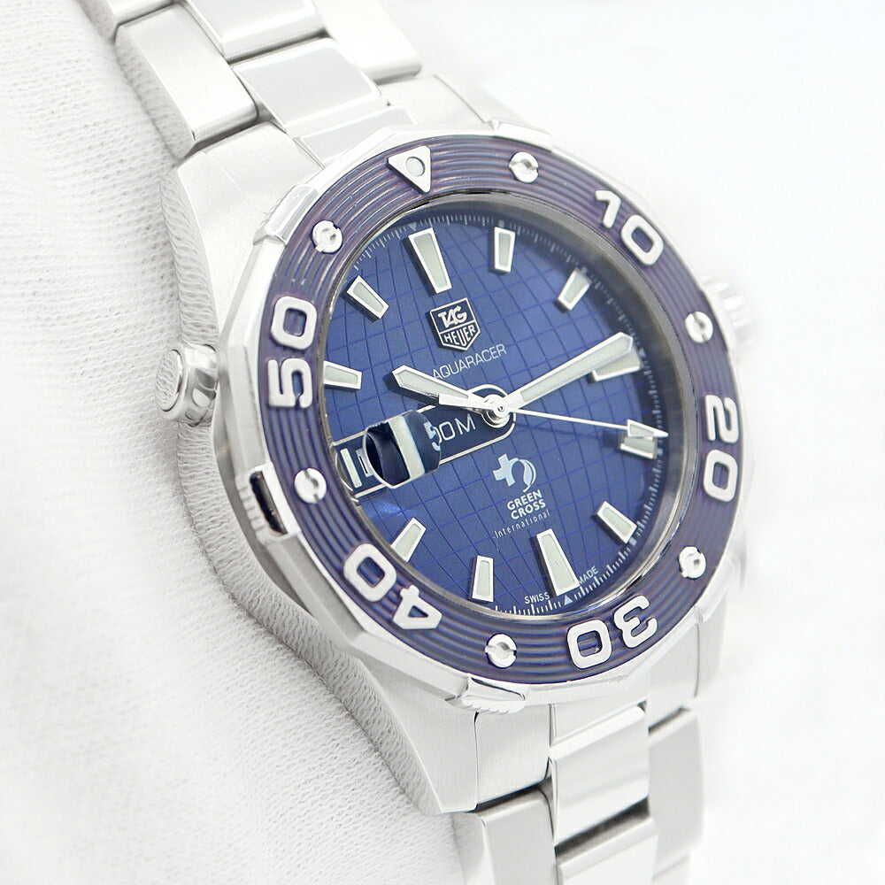 内部点検済 TAG Heuer アクアレーサー キャリバー5 グリーンクロス 500m防水 レオナルド ディカプリオ限定 世界1600本限定 WAJ2116 BA0871 デイト 青 ブルー SS ステンレス メンズ 自動巻き【6ヶ月保証】【腕時計】【中古】