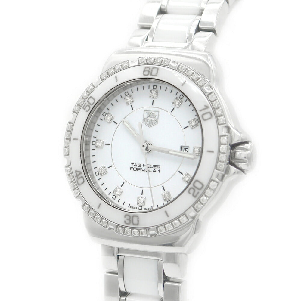 電池交換済 TAG Heuer タグホイヤー フォーミュラ1 WAH1313 BA0868 デイト 純正ダイヤモンド ダイヤベゼル 12Pダイヤ 白 ホワイト CE セラミック SS ステンレス レディース クォーツ フォーミュラー1【6ヶ月保証】【腕時計】【中古】