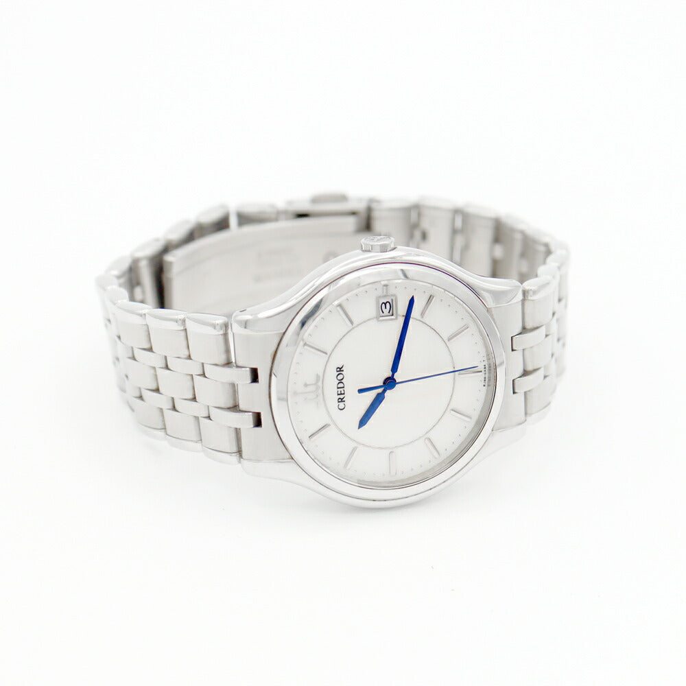 電池交換済 SEIKO CREDOR セイコー クレドール シグノ デイト GCAZ015 8J86-7A00 青針 白 ホワイト ギョーシェ SS ステンレス メンズ クォーツ【6ヶ月保証】【腕時計】【中古】