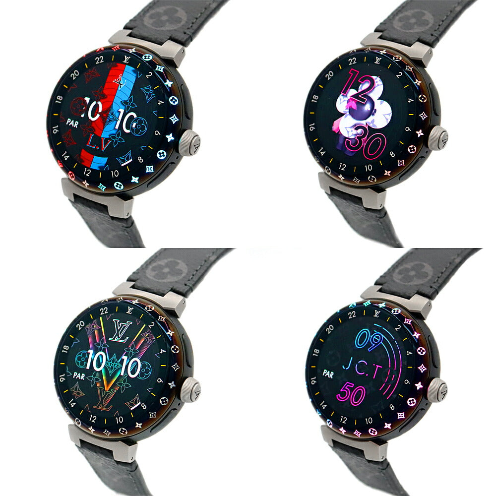 ほぼ新品 LOUIS VUITTON ルイヴィトン タンブール ホライゾン ライトアップ マットブラック QAD01Z 黒 ブラック SS ステンレス チタン 純正ベルト 純正尾錠 メンズ クォーツ デジタル 充電 スマートウォッチ【腕時計】【中古】