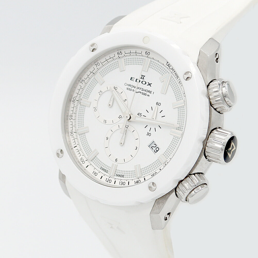 電池交換済 EDOX エドックス クロノオフショア1 クロノグラフ 10221 デイト 500m防水 白 ホワイト SS ステンレス セラミック 純正ベルト 純正尾錠 メンズ クォーツ【6ヶ月保証】【腕時計】【中古】