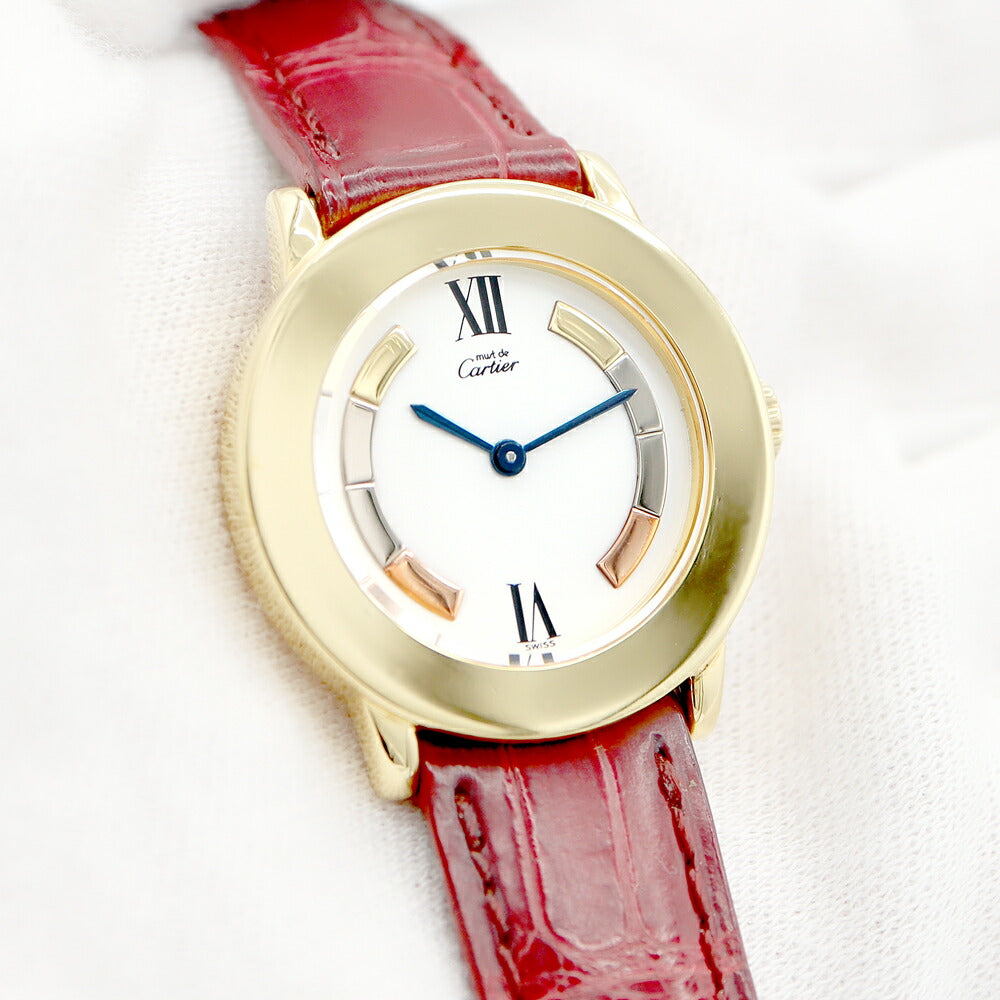 電池交換済 Cartier カルティエ マストロンド ヴェルメイユ W1009143 白 ホワイト アイボリー AG925 シルバー 純正ベルト 純正尾錠 レディース クォーツ【6ヶ月保証】【腕時計】【中古】