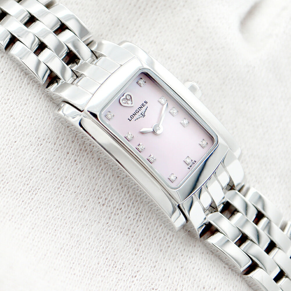 電池交換済 LONGINES ロンジン ドルチェビータ L5.158.4 純正ダイヤモンド 14Pダイヤ ピンク シェル SS ステンレス レディース クォーツ【6ヶ月保証】【腕時計】【中古】