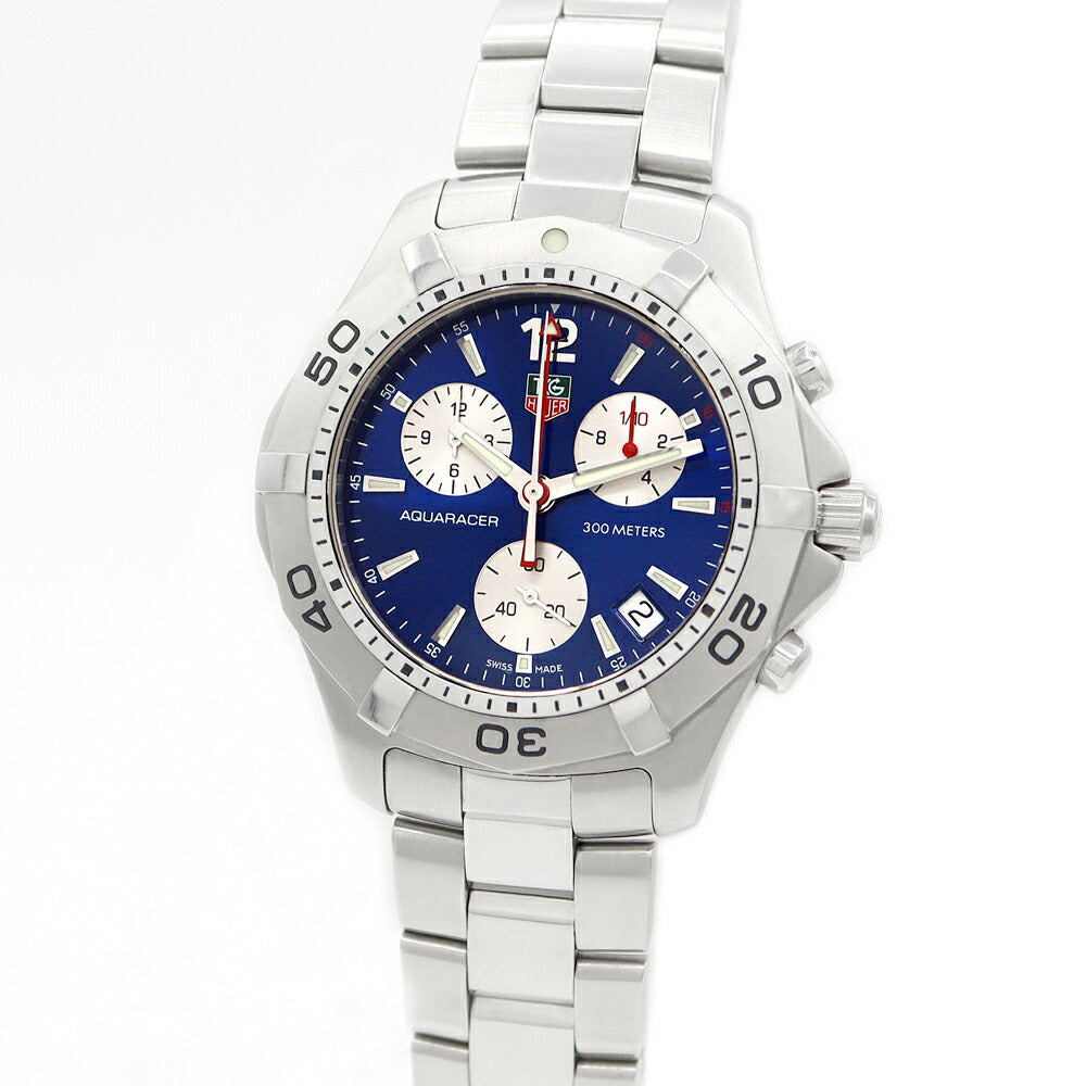 電池交換済 TAG Heuer タグホイヤー アクアレーサー クロノグラフ CAF1112 デイト 300m防水 青 ブルー SS ステンレス メンズ クォーツ【6ヶ月保証】【腕時計】【中古】