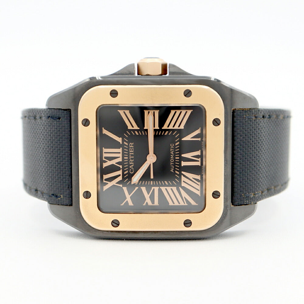 Cartier カルティエ サントス100 LM W2020009 100m防水 黒 ブラック K18PG ピンクゴールド SS ステンレス コンビ 純正ベルト 純正尾錠 メンズ 自動巻き【6ヶ月保証】【腕時計】【中古】