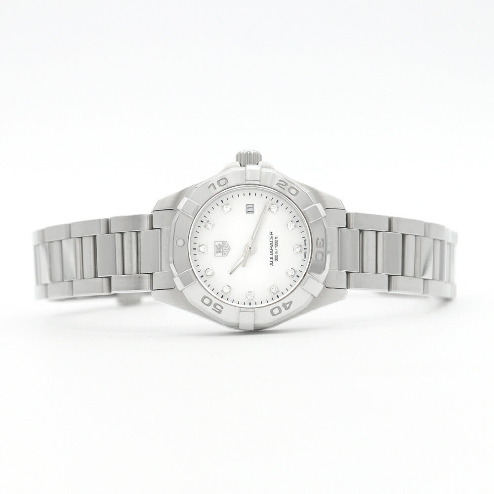 電池交換済 TAG Heuer タグホイヤー アクアレーサー 11Pダイヤ WAY1413 デイト 300m防水 ダイヤモンド ホワイトシェル SS ステンレス レディース クォーツ【6ヶ月保証】【腕時計】【中古】