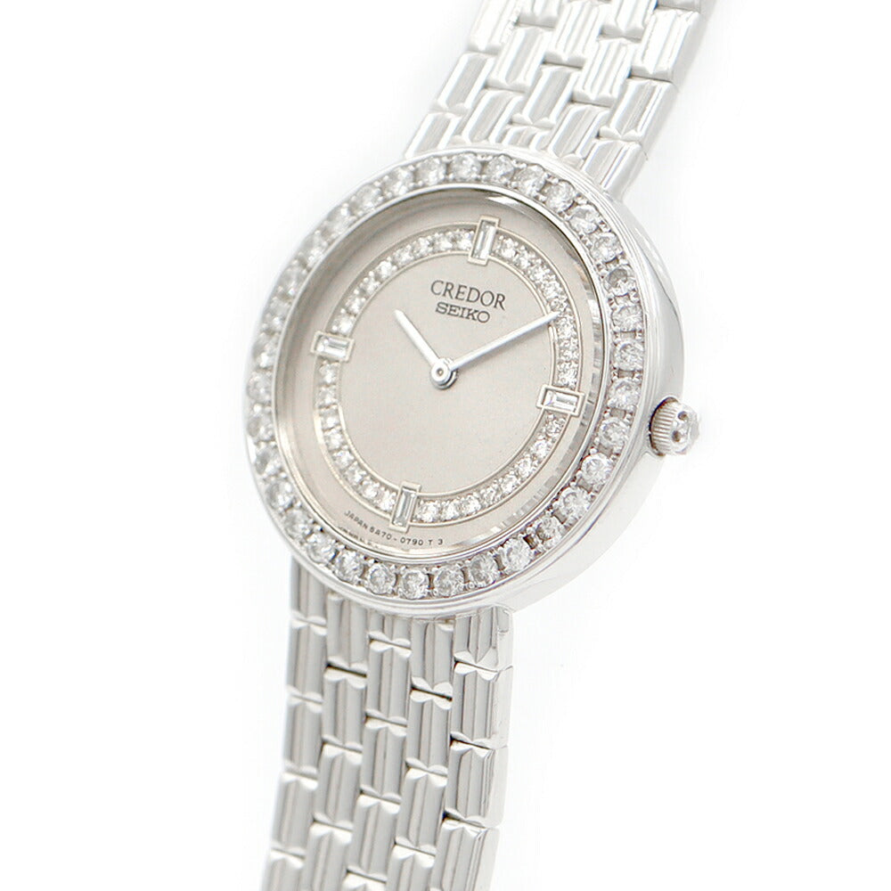 電池交換済 SEIKO セイコー CREDOR クレドール ダイヤベゼル リューズダイヤ 金無垢 5A70-0390 純正ダイヤモンド シルバー K18WG ホワイトゴールド レディース クォーツ【6ヶ月保証】【腕時計】【中古】