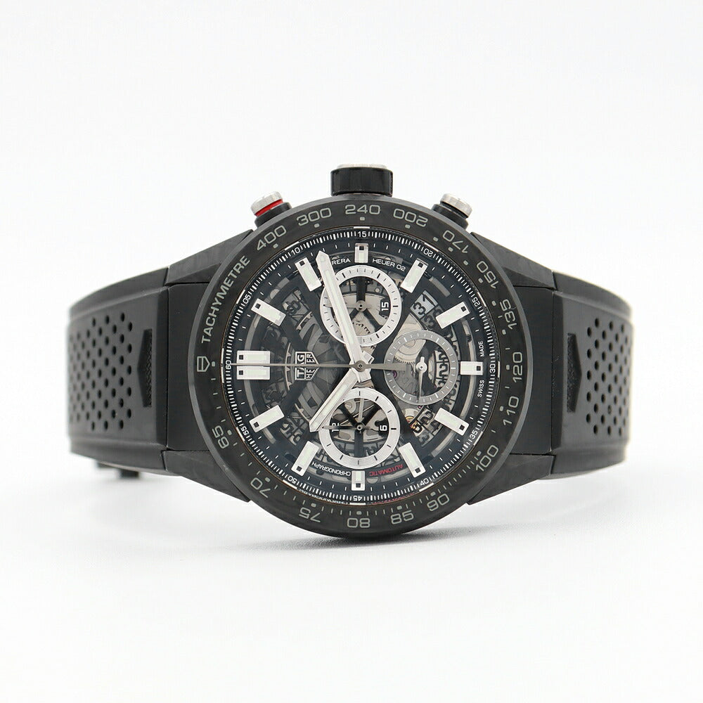 内部点検済 TAG Heuer タグホイヤー カレラ キャリバー ホイヤー02 クロノグラフ CBG2A91 FT6173 デイト 100m防水 ブラック スケルトン チタン カーボン 純正ラバーベルト 純正尾錠 メンズ 自動巻き【6ヶ月保証】【腕時計】【中古】