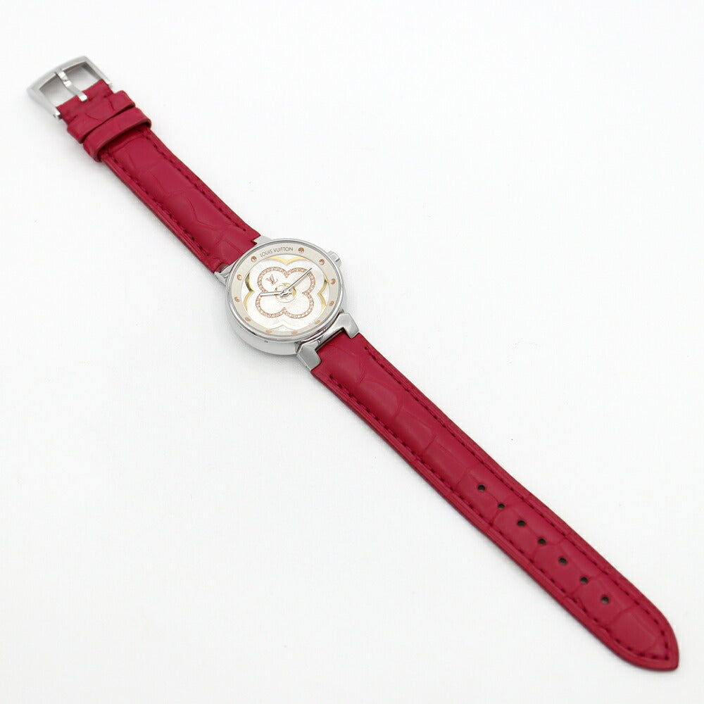 電池交換済 LOUIS VUITTON ルイヴィトン タンブール ムーンディヴァイン QA017 50m防水 ダイヤモンド文字盤 ホワイトシェル SS ステンレス 純正ベルト 純正尾錠 レディース クォーツ【6ヶ月保証】【腕時計】【中古】