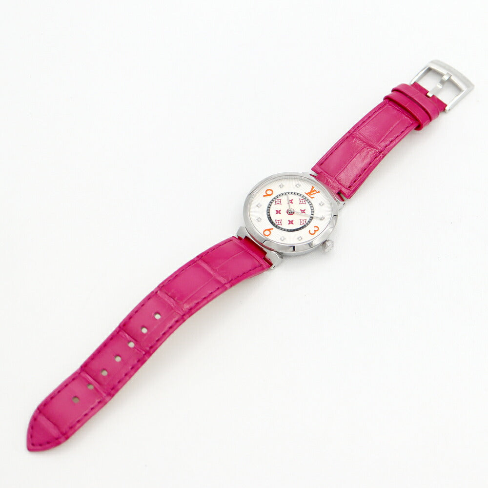 電池交換済 LOUIS VUITTON ルイヴィトン タンブール モノグラム MM 日本限定 フューシャ&オレンジ 8Pダイヤ QA147 50m防水 白 ホワイトギョーシェ SS ステンレス 純正ベルト 純正尾錠 レディース クォーツ【6ヶ月保証】【腕時計】【中古】