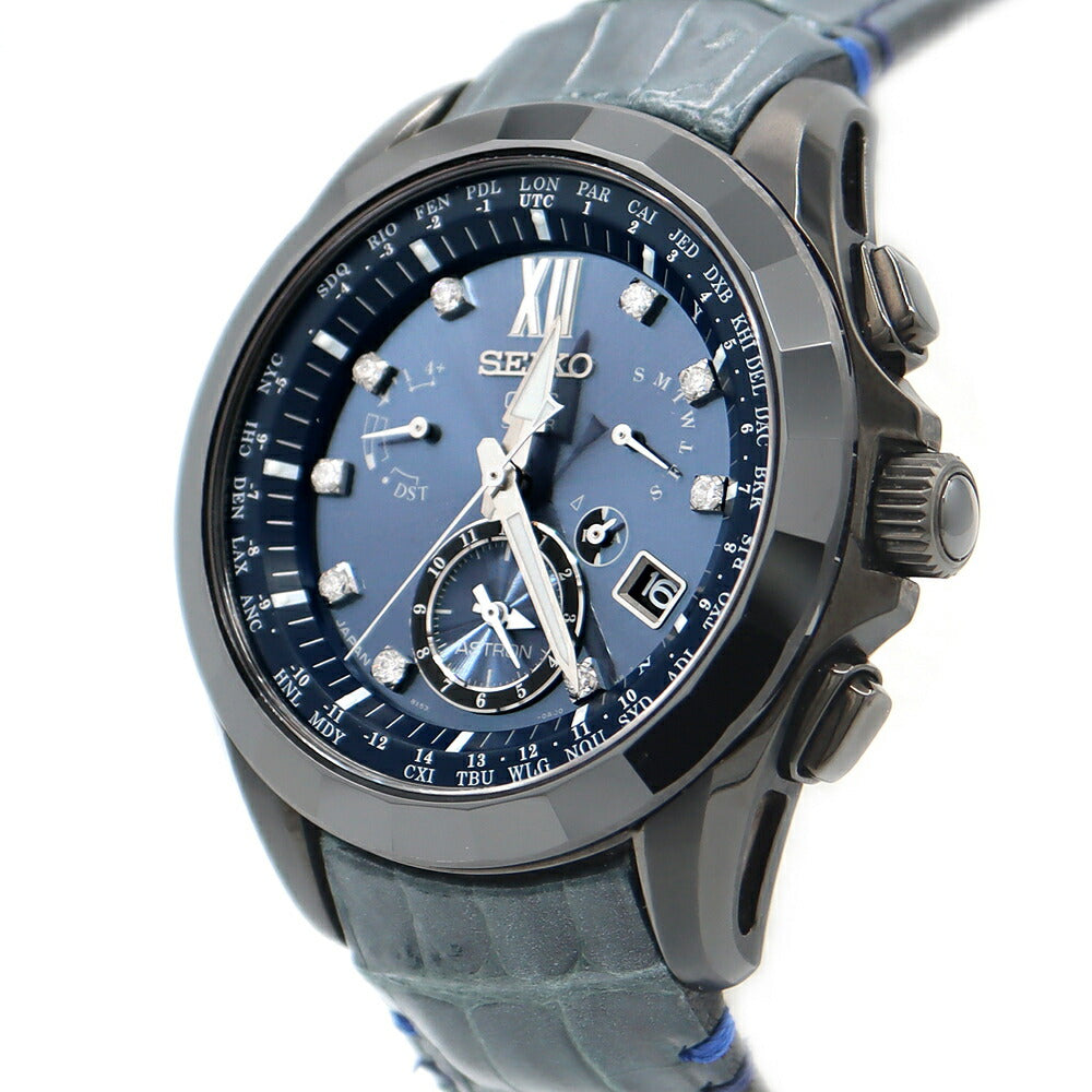 SEIKO セイコー アストロン 500本限定 8X53-0AN0 SBXB081 GPS 純正ダイヤモンド 9Pダイヤ デイト ネイビー セラミック チタン 純正ベルト 純正尾錠 メンズ ソーラー電波 クォーツ【6ヶ月保証】【腕時計】【中古】