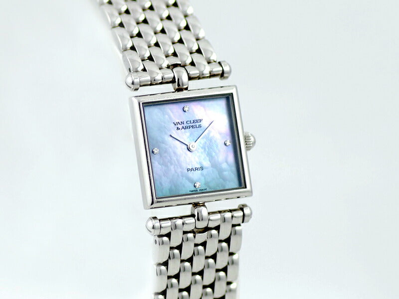 電池交換済 VanCleef&Arppels ヴァンクリーフ&アーペル クラシック スクエア カレ 522642 4Pダイヤモンド ブルーシェル 文字盤 SS ステンレス レディース クォーツ【6ヶ月保証】【腕時計】【中古】