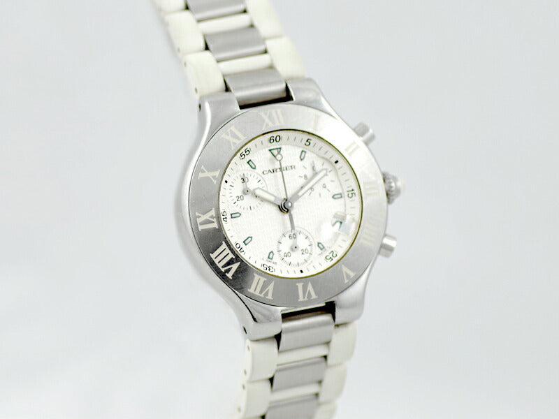電池交換済 Cartier カルティエ ヴァンティアン マスト21 クロノスカフ W10184U2 100m防水 クロノグラフ デイト 白 ホワイト 文字盤 SS ステンレス 純正ラバーベルト メンズ クォーツ 【6ヶ月保証】【腕時計】【中古】