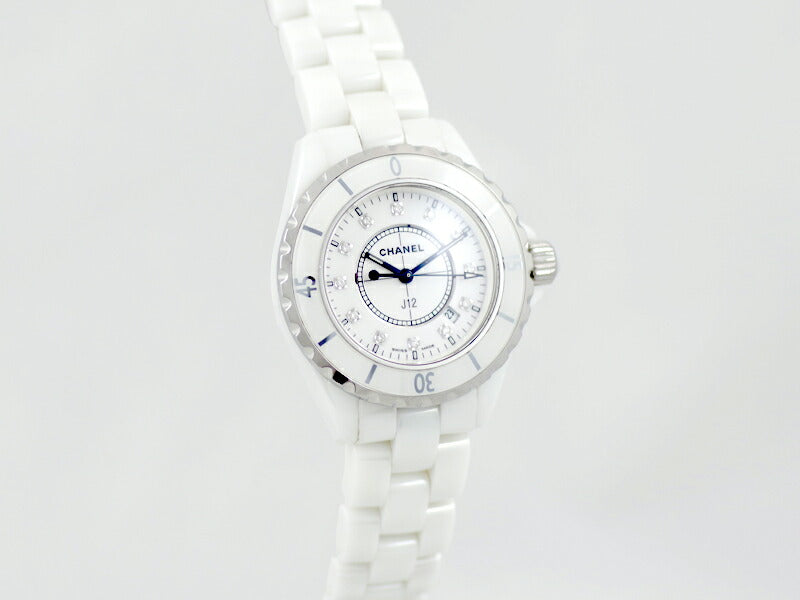 電池交換済 CHANEL シャネル J12 33mm H1628 純正12Pダイヤモンド 白 ホワイト 文字盤 セラミック SS レディース クォーツ【6ヶ月保証】【腕時計】【中古】