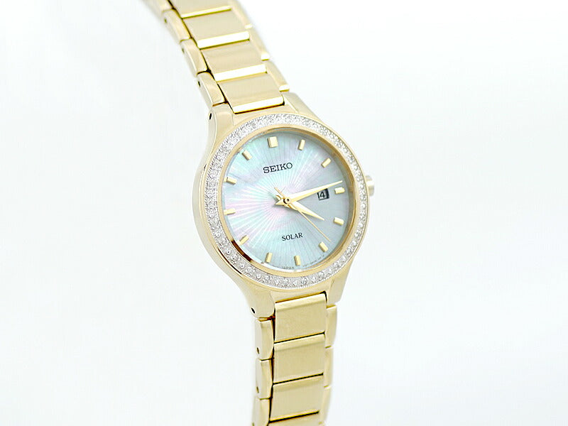 SEIKO セイコー ドレスウォッチ ダイヤベゼル V137-0AY0 シェル 文字盤 SS ステンレス イエローゴールド レディース ダイヤモンド ソーラークォーツ【3ヶ月保証】【腕時計】【中古】