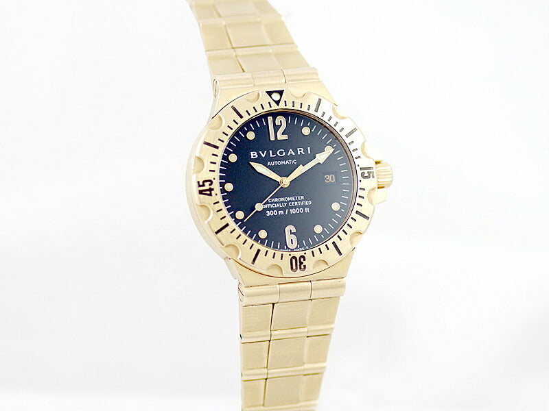 内部点検済 BVLGARI ブルガリ ディアゴノ スクーバ SD40G 金無垢 デイト 300m防水 ブラック 黒 文字盤 K18 YG イエローゴールド メンズ 自動巻き【6ヶ月保証】【腕時計】【中古】
